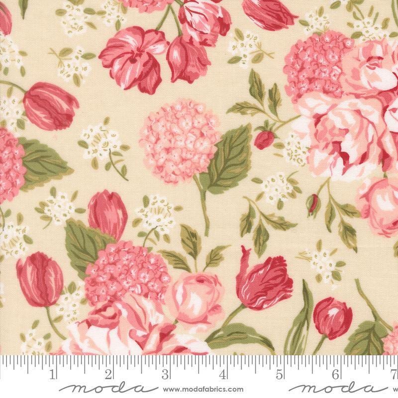 Image of Je Taime Love Garden Lace quilting cotton fabric by Stacy Iest Hsu for Moda Fabrics. Features flowers on a cream background. Cute Little Fabric Shop.