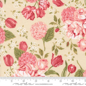 Image of Je Taime Love Garden Lace quilting cotton fabric by Stacy Iest Hsu for Moda Fabrics. Features flowers on a cream background. Cute Little Fabric Shop.