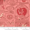 Image of Je Taime Vintage Valentine Blossom quilting cotton fabric by Stacy Iest Hsu for Moda Fabrics. Features vintage ads on a pink background. Cute Little Fabric Shop.