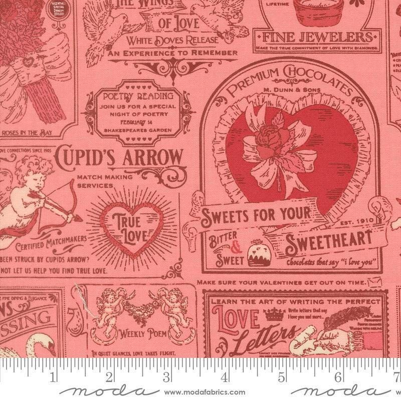Image of Je Taime Vintage Valentine Blossom quilting cotton fabric by Stacy Iest Hsu for Moda Fabrics. Features vintage ads on a pink background. Cute Little Fabric Shop.