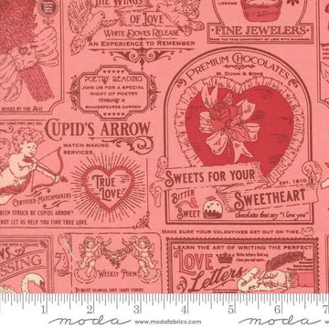 Image of Je Taime Vintage Valentine Blossom quilting cotton fabric by Stacy Iest Hsu for Moda Fabrics. Features vintage ads on a pink background. Cute Little Fabric Shop.