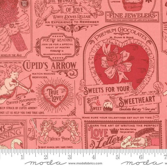 Image of Je Taime Vintage Valentine Blossom quilting cotton fabric by Stacy Iest Hsu for Moda Fabrics. Features vintage ads on a pink background. Cute Little Fabric Shop.