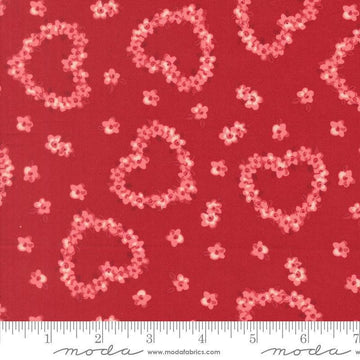 Image of Je Taime Flower Heart Rose quilting cotton fabric by Stacy Iest Hsu for Moda Fabrics. Features flowers on a red background. Cute Little Fabric Shop.