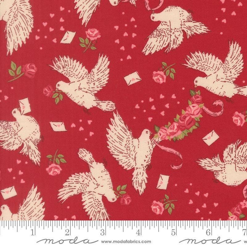 Image of Je Taime Doves Rose quilting cotton fabric by Stacy Iest Hsu for Moda Fabrics. Features birds on a red background. Cute Little Fabric Shop.