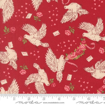 Image of Je Taime Doves Rose quilting cotton fabric by Stacy Iest Hsu for Moda Fabrics. Features birds on a red background. Cute Little Fabric Shop.