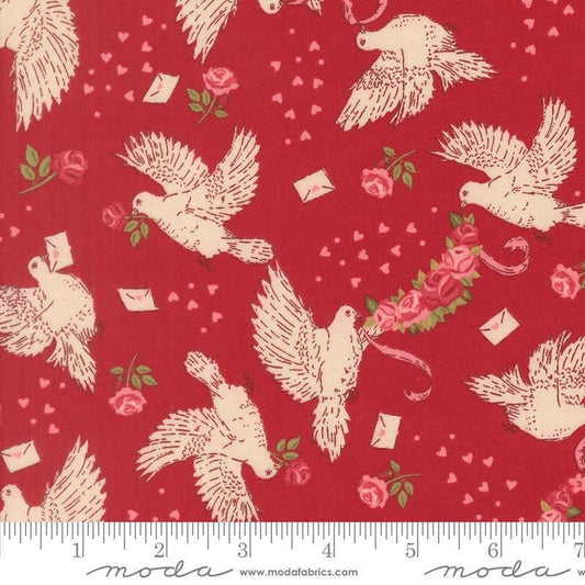 Image of Je Taime Doves Rose quilting cotton fabric by Stacy Iest Hsu for Moda Fabrics. Features birds on a red background. Cute Little Fabric Shop.
