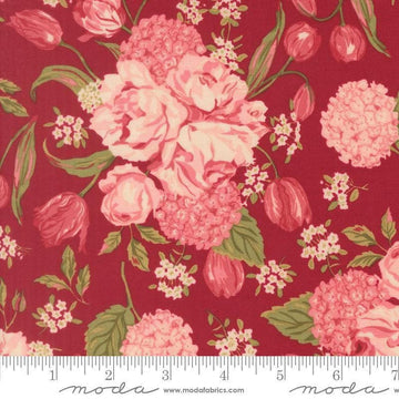 Image of Je Taime Love Garden Scarlet quilting cotton fabric by Stacy Iest Hsu for Moda Fabrics. Features flowers on a red background. Cute Little Fabric Shop.