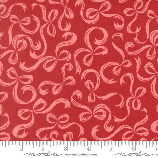 Image of Je Taime Tie a Bow Rose quilting cotton fabric by Stacy Iest Hsu for Moda Fabrics. Features bows on a red background. Cute Little Fabric Shop.