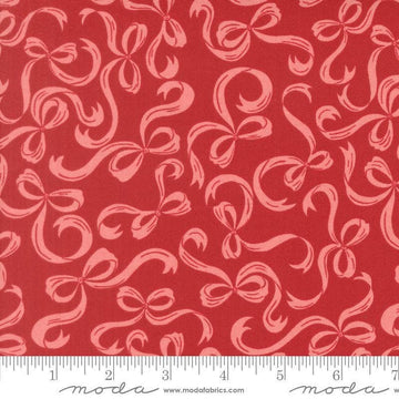 Image of Je Taime Tie a Bow Rose quilting cotton fabric by Stacy Iest Hsu for Moda Fabrics. Features bows on a red background. Cute Little Fabric Shop.