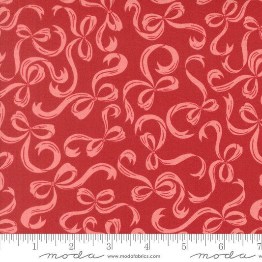 Image of Je Taime Tie a Bow Rose quilting cotton fabric by Stacy Iest Hsu for Moda Fabrics. Features bows on a red background. Cute Little Fabric Shop.