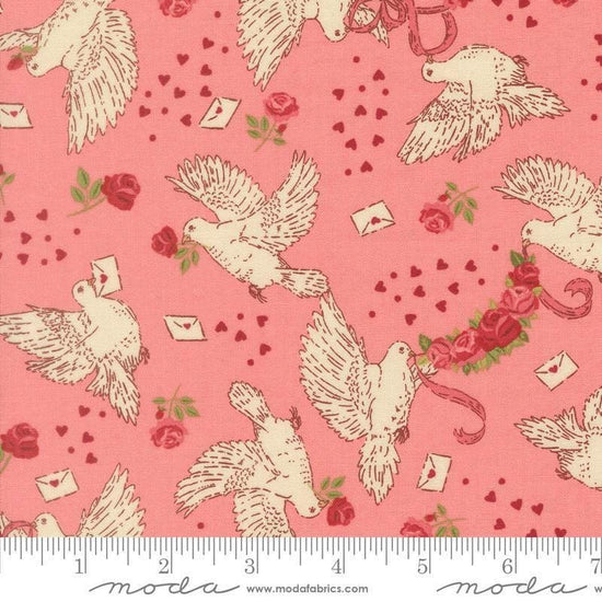 Image of Je Taime Doves Blossom quilting cotton fabric by Stacy Iest Hsu for Moda Fabrics. Features birds on a pink background. Cute Little Fabric Shop.