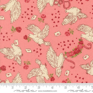 Image of Je Taime Doves Blossom quilting cotton fabric by Stacy Iest Hsu for Moda Fabrics. Features birds on a pink background. Cute Little Fabric Shop.