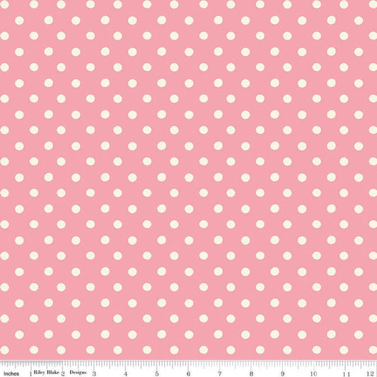 Image of Cath Kidston Signature Collection Button Spot Pink by Cath Kidston for Riley Blake Designs. Features polka dots on a pink background. Cute Little Fabric Shop.