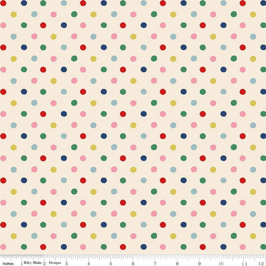 Image of Cath Kidston Signature Collection Button Spot Multi by Cath Kidston for Riley Blake Designs. Features polka dots on a cream background. Cute Little Fabric Shop.