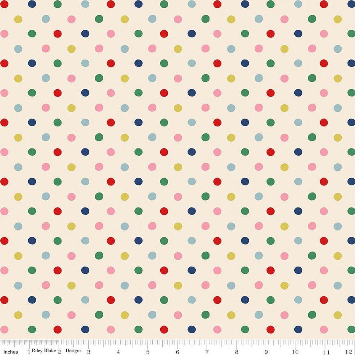 Image of Cath Kidston Signature Collection Button Spot Multi by Cath Kidston for Riley Blake Designs. Features polka dots on a cream background. Cute Little Fabric Shop.
