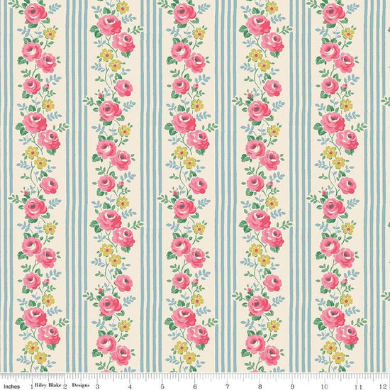 Image of Cath Kidston Signature Collection Stripe Blue by Cath Kidston for Riley Blake Designs. Features flowers and stripes on a blue background. Cute Little Fabric Shop.