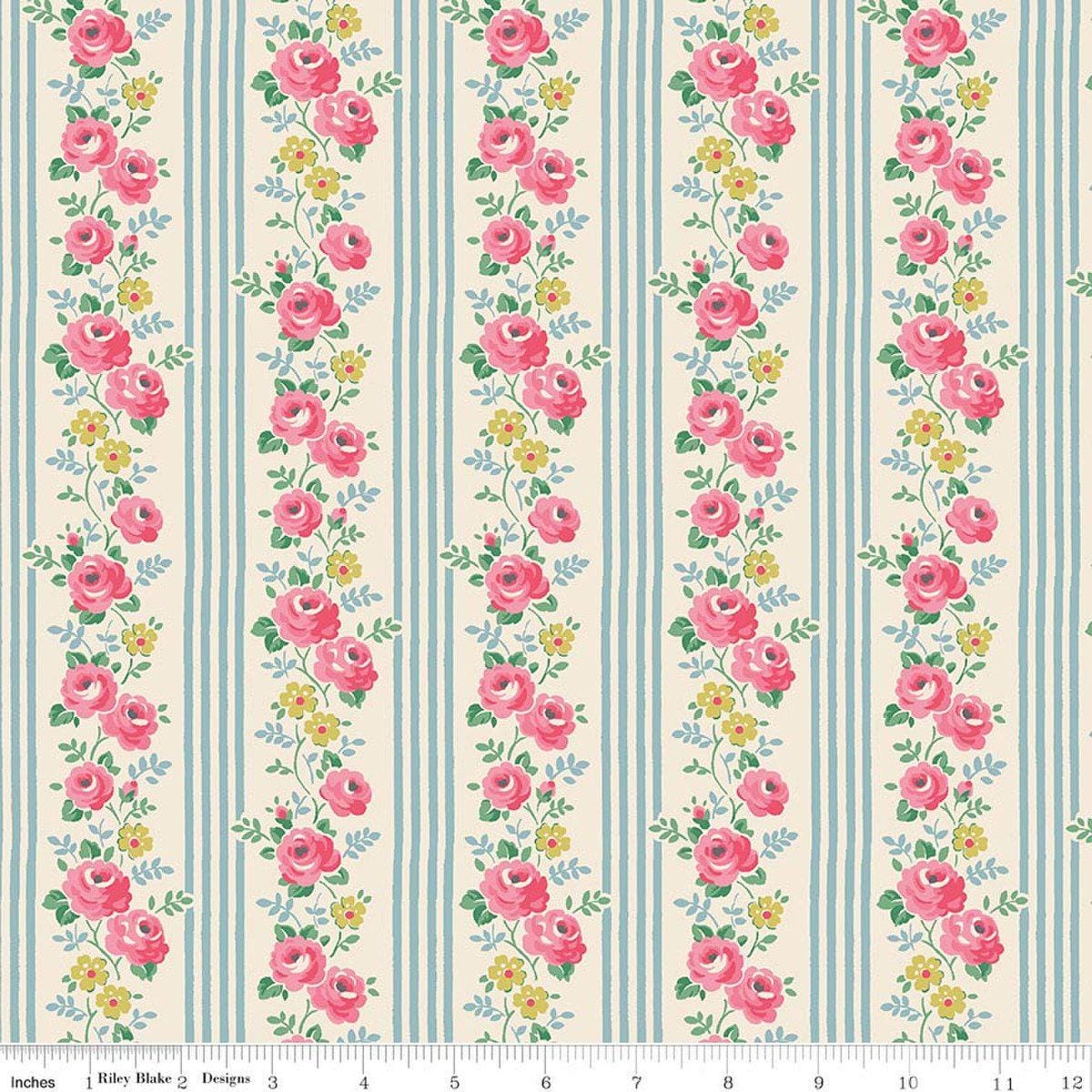 Image of Cath Kidston Signature Collection Stripe Blue by Cath Kidston for Riley Blake Designs. Features flowers and stripes on a blue background. Cute Little Fabric Shop.