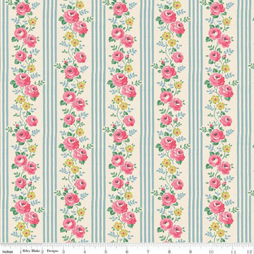 Image of Cath Kidston Signature Collection Stripe Blue by Cath Kidston for Riley Blake Designs. Features flowers and stripes on a blue background. Cute Little Fabric Shop.