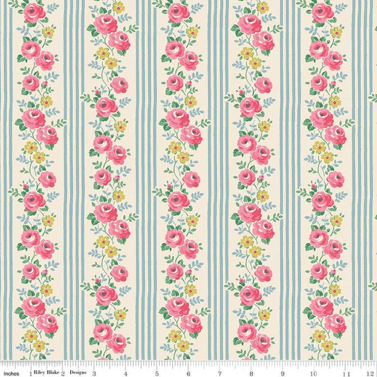 Image of Cath Kidston Signature Collection Stripe Blue by Cath Kidston for Riley Blake Designs. Features flowers and stripes on a blue background. Cute Little Fabric Shop.