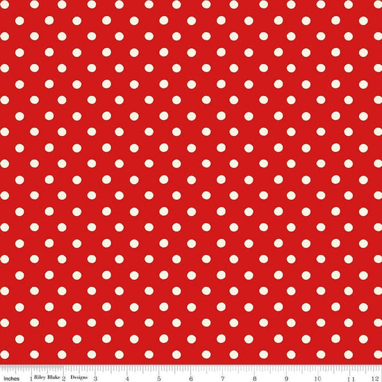 Image of Cath Kidston Signature Collection Button Spot Red by Cath Kidston for Riley Blake Designs. Features polka dots on a red background. Cute Little Fabric Shop.