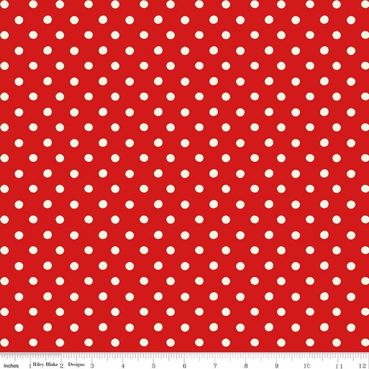 Image of Cath Kidston Signature Collection Button Spot Red by Cath Kidston for Riley Blake Designs. Features polka dots on a red background. Cute Little Fabric Shop.