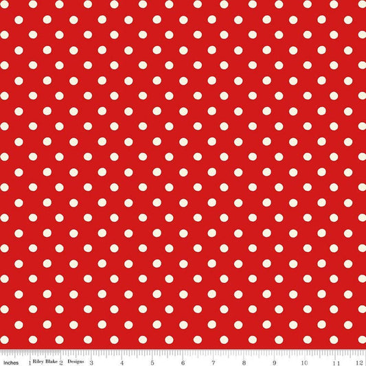 Image of Cath Kidston Signature Collection Button Spot Red by Cath Kidston for Riley Blake Designs. Features polka dots on a red background. Cute Little Fabric Shop.