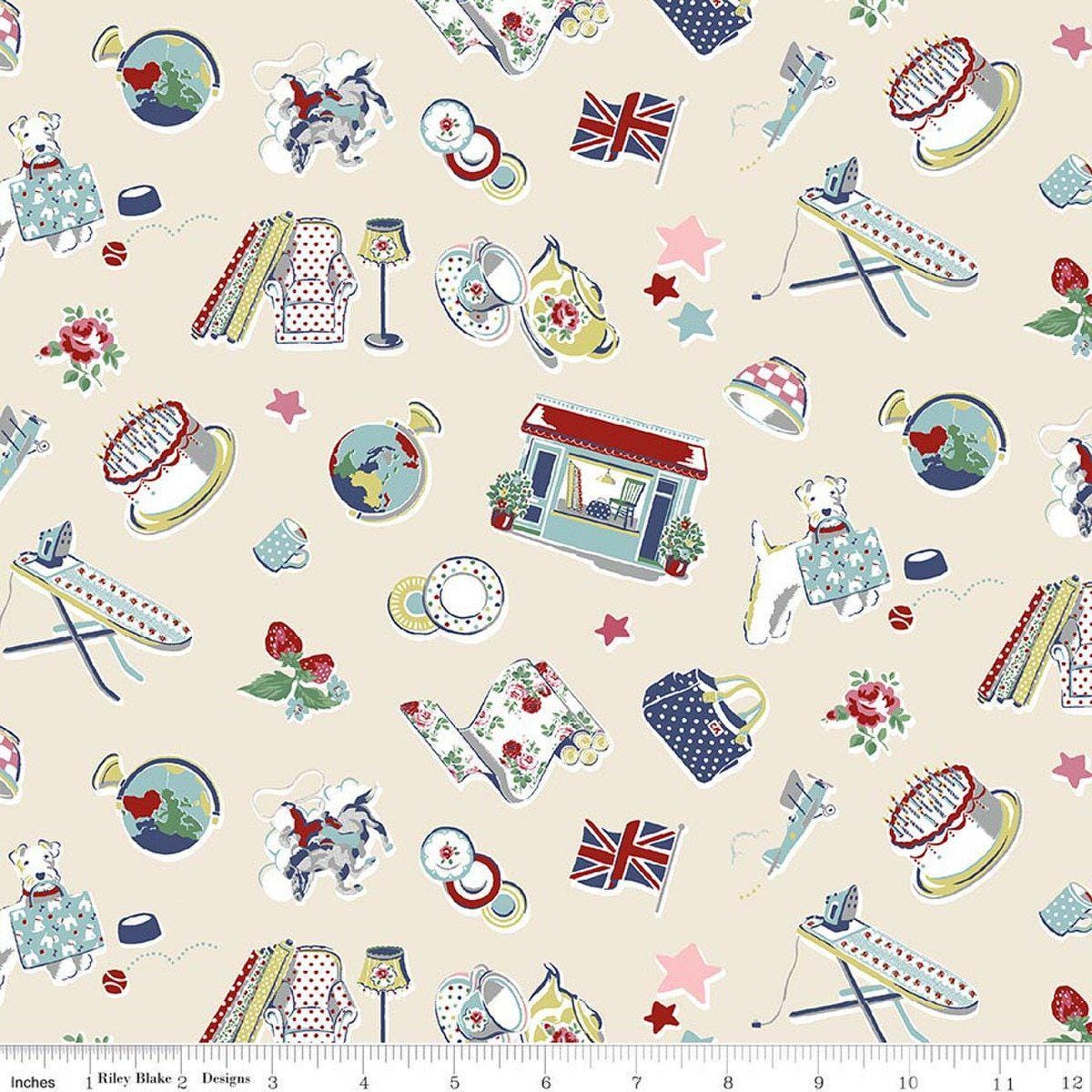 Image of Cath Kidston Signature Collection Icons Cream by Cath Kidston for Riley Blake Designs. Features british icons on a cream background. Cute Little Fabric Shop.