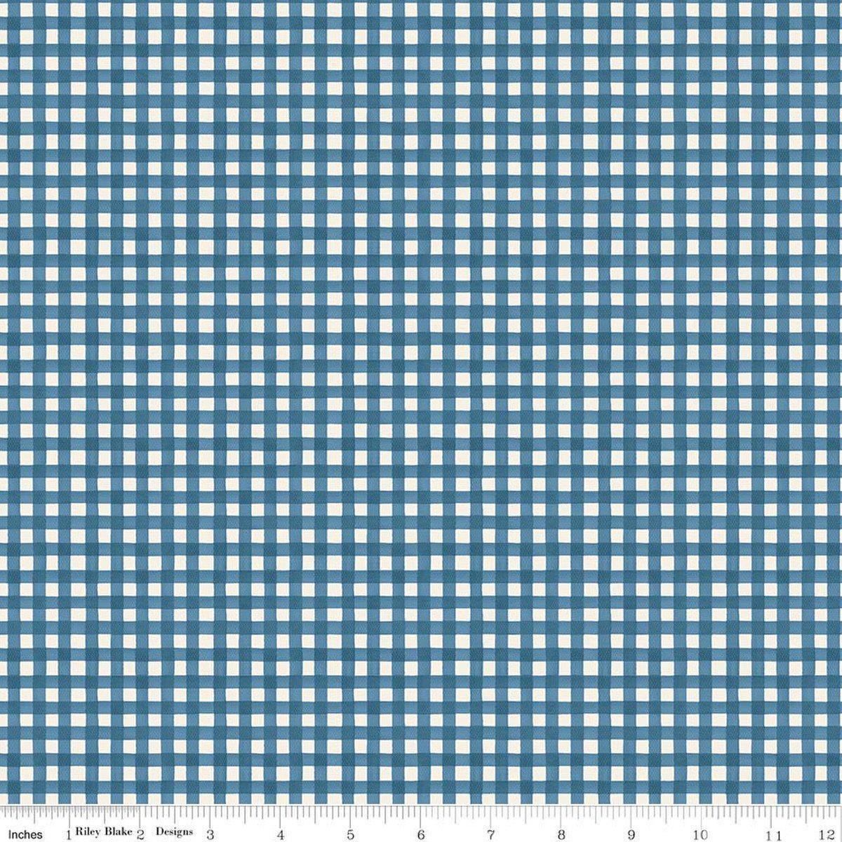 Image of Cath Kidston Signature Collection Gingham Navy by Cath Kidston for Riley Blake Designs. Features gingham on a blue background. Cute Little Fabric Shop.