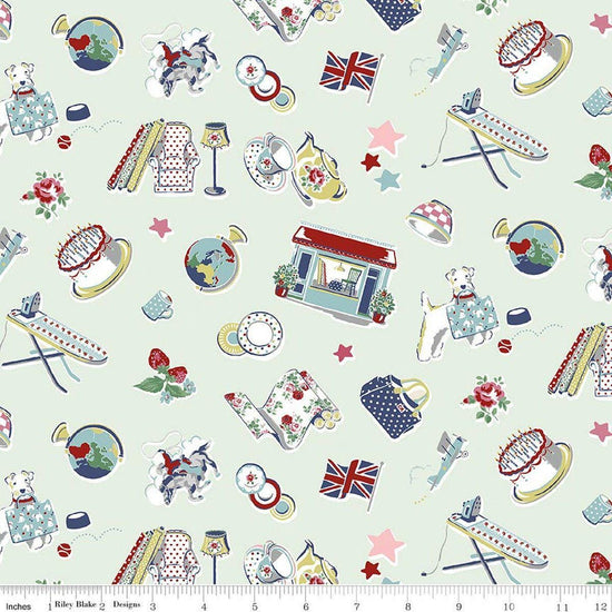 Image of Cath Kidston Signature Collection Icons Mist by Cath Kidston for Riley Blake Designs. Features british icons on a green background. Cute Little Fabric Shop.