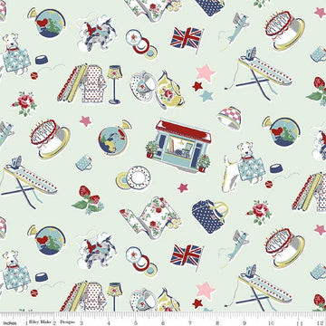 Image of Cath Kidston Signature Collection Icons Mist by Cath Kidston for Riley Blake Designs. Features british icons on a green background. Cute Little Fabric Shop.