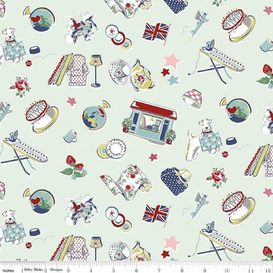 Image of Cath Kidston Signature Collection Icons Mist by Cath Kidston for Riley Blake Designs. Features british icons on a green background. Cute Little Fabric Shop.