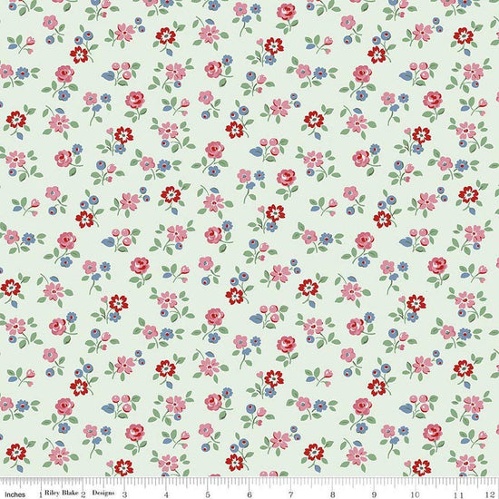 Image of Cath Kidston Signature Collection Arlington Ditsy Mist by Cath Kidston for Riley Blake Designs. Features flowers on a green background. Cute Little Fabric Shop.