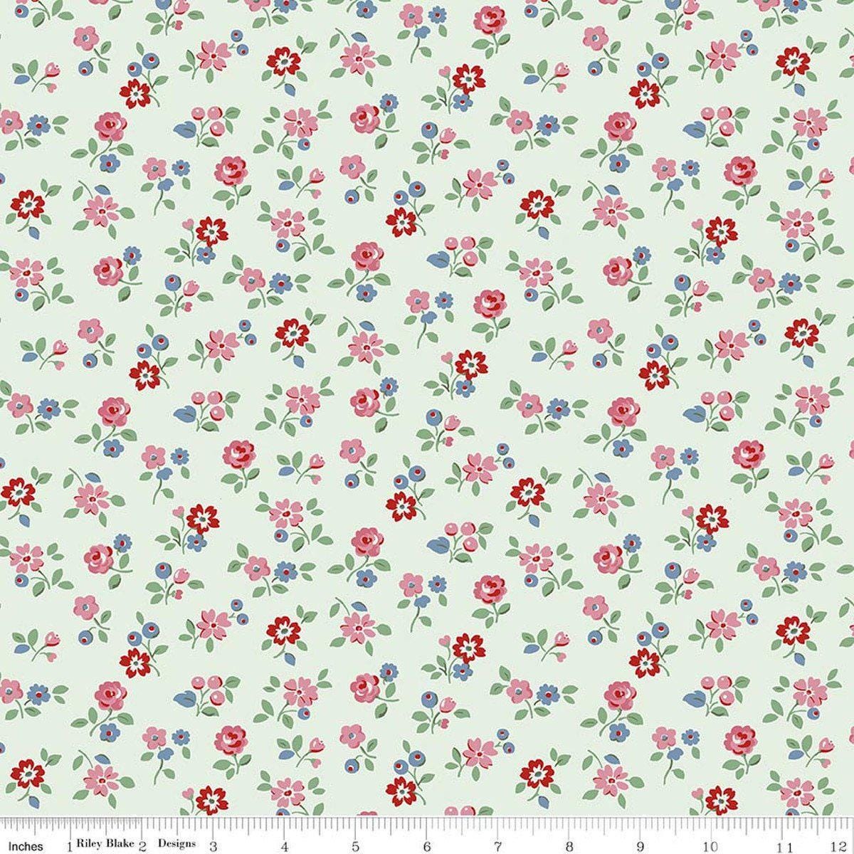 Image of Cath Kidston Signature Collection Arlington Ditsy Mist by Cath Kidston for Riley Blake Designs. Features flowers on a green background. Cute Little Fabric Shop.