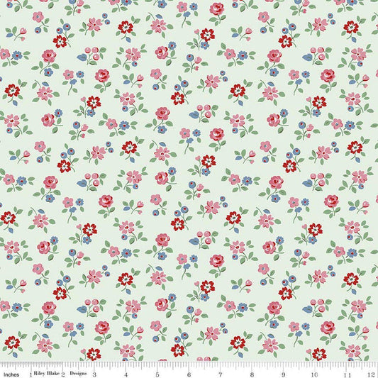 Image of Cath Kidston Signature Collection Arlington Ditsy Mist by Cath Kidston for Riley Blake Designs. Features flowers on a green background. Cute Little Fabric Shop.