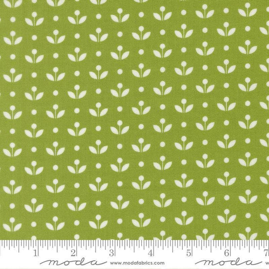 Image of Bloomsberry Mayfair Leaf quilting cotton fabric by Camille Roskelley for Moda Fabrics. Features flowers on a green background. Cute Little Fabric Shop.
