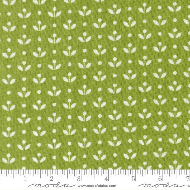 Image of Bloomsberry Mayfair Leaf quilting cotton fabric by Camille Roskelley for Moda Fabrics. Features flowers on a green background. Cute Little Fabric Shop.