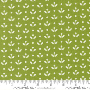Image of Bloomsberry Mayfair Leaf quilting cotton fabric by Camille Roskelley for Moda Fabrics. Features flowers on a green background. Cute Little Fabric Shop.