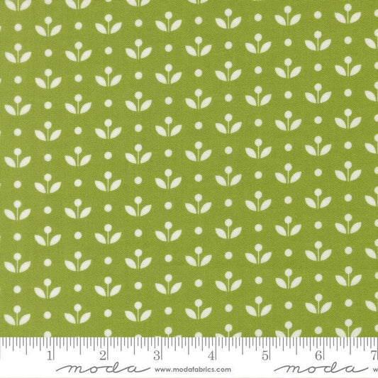 Image of Bloomsberry Mayfair Leaf quilting cotton fabric by Camille Roskelley for Moda Fabrics. Features flowers on a green background. Cute Little Fabric Shop.