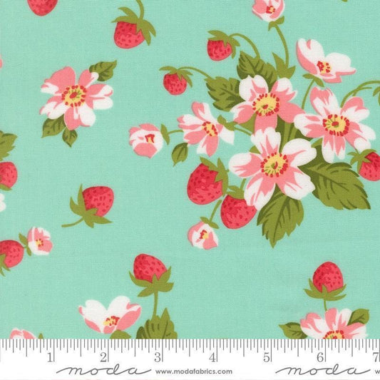 Image of Bloomsberry In Bloom Aqua quilting cotton fabric by Camille Roskelley for Moda Fabrics. Features flowers on a blue background. Cute Little Fabric Shop.