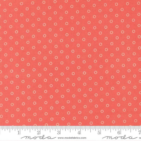 Image of Bloomsberry Favorite Dot Nantucket Red quilting cotton fabric by Camille Roskelley for Moda Fabrics. Features tonal polka dots on a red background. Cute Little Fabric Shop.