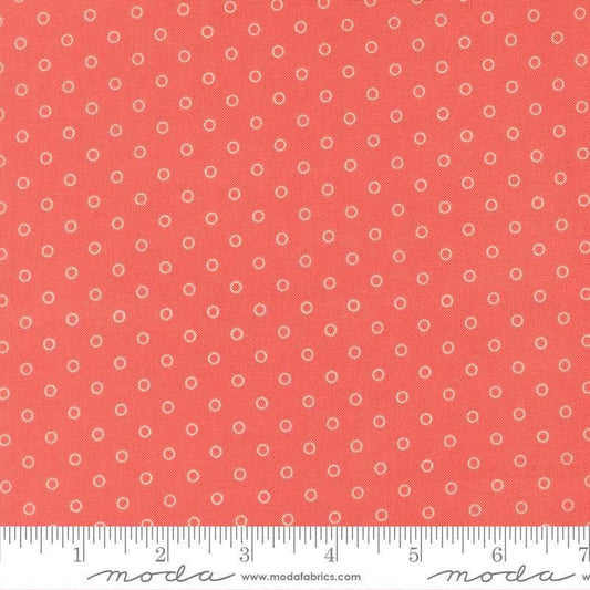 Image of Bloomsberry Favorite Dot Nantucket Red quilting cotton fabric by Camille Roskelley for Moda Fabrics. Features tonal polka dots on a red background. Cute Little Fabric Shop.