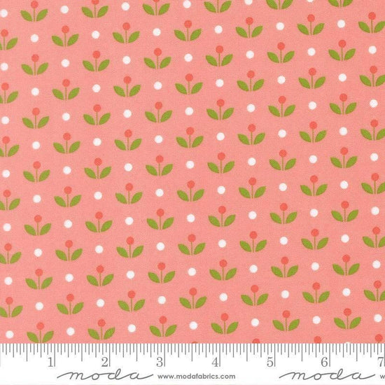 Image of Bloomsberry Mayfair Blush quilting cotton fabric by Camille Roskelley for Moda Fabrics. Features flowers on a pink background. Cute Little Fabric Shop.