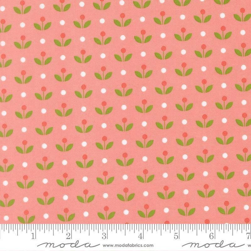Image of Bloomsberry Mayfair Blush quilting cotton fabric by Camille Roskelley for Moda Fabrics. Features flowers on a pink background. Cute Little Fabric Shop.