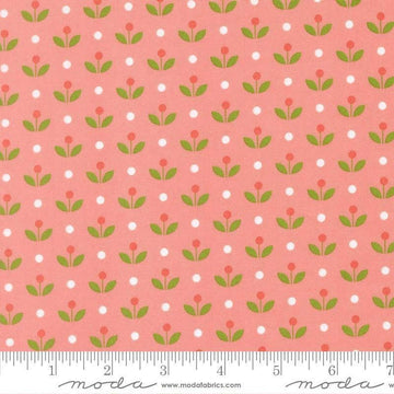 Image of Bloomsberry Mayfair Blush quilting cotton fabric by Camille Roskelley for Moda Fabrics. Features flowers on a pink background. Cute Little Fabric Shop.