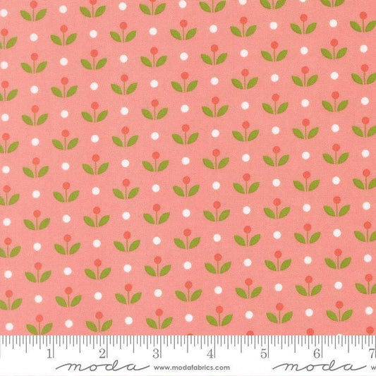 Image of Bloomsberry Mayfair Blush quilting cotton fabric by Camille Roskelley for Moda Fabrics. Features flowers on a pink background. Cute Little Fabric Shop.