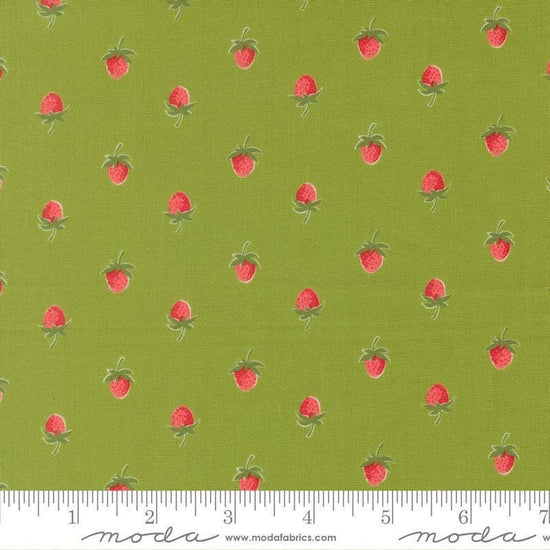 Image of Bloomsberry Berries Leaf quilting cotton fabric by Camille Roskelley for Moda Fabrics. Features strawberries on a green background. Cute Little Fabric Shop.
