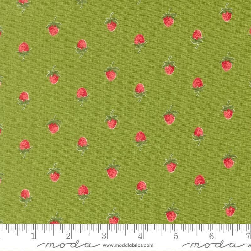 Image of Bloomsberry Berries Leaf quilting cotton fabric by Camille Roskelley for Moda Fabrics. Features strawberries on a green background. Cute Little Fabric Shop.