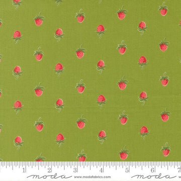 Image of Bloomsberry Berries Leaf quilting cotton fabric by Camille Roskelley for Moda Fabrics. Features strawberries on a green background. Cute Little Fabric Shop.