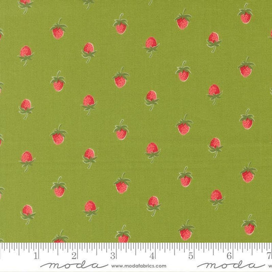 Image of Bloomsberry Berries Leaf quilting cotton fabric by Camille Roskelley for Moda Fabrics. Features strawberries on a green background. Cute Little Fabric Shop.