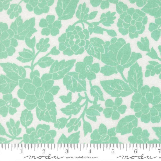 Image of Bloomsberry London White Aqua quilting cotton fabric by Camille Roskelley for Moda Fabrics. Features flowers on a white and blue background. Cute Little Fabric Shop.